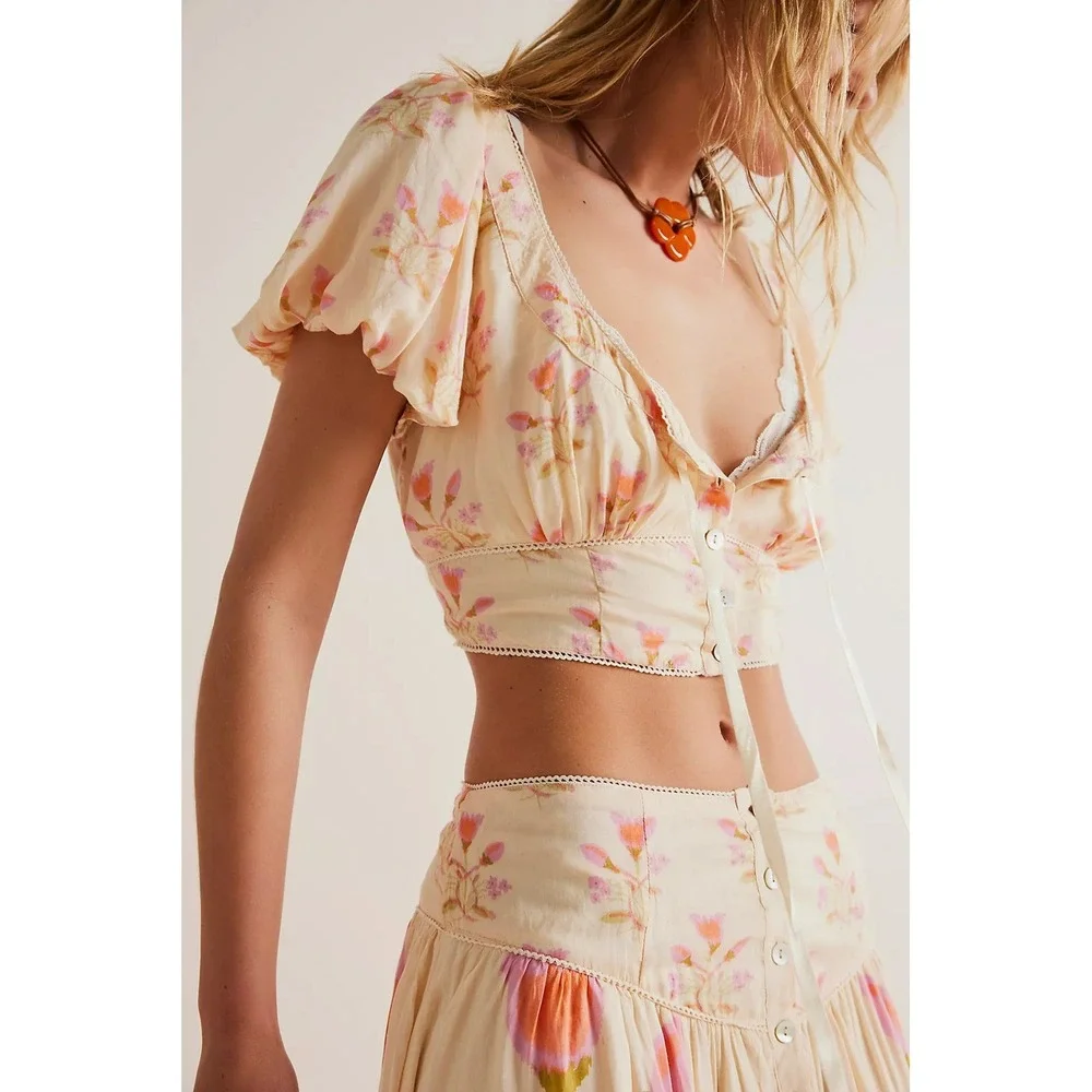 Free People Easy to Love Matching Set Cream Pink Floral Crop Top Skirt Medium